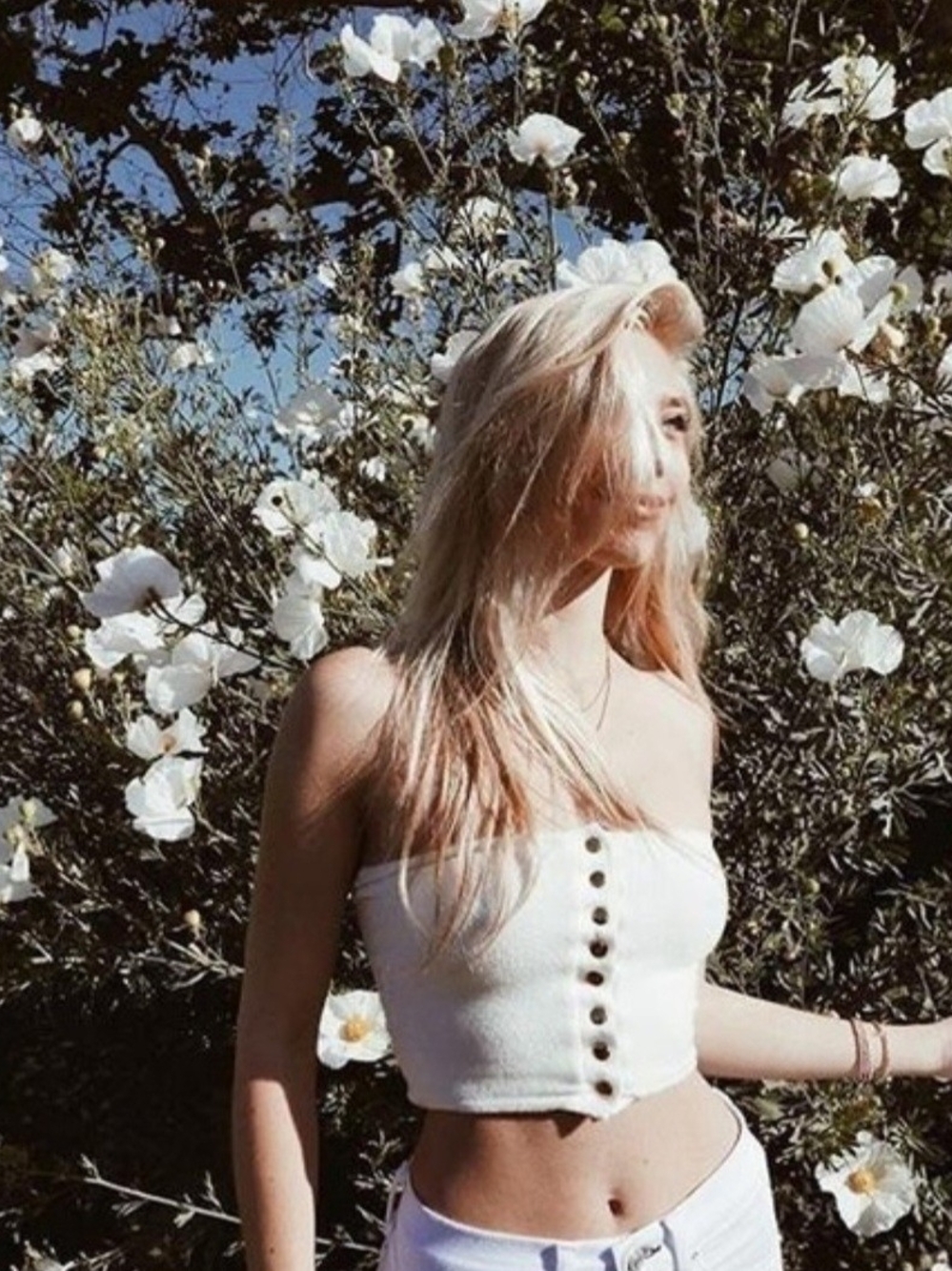ARE YOU AM I White Strapless Button-Front Crop Top